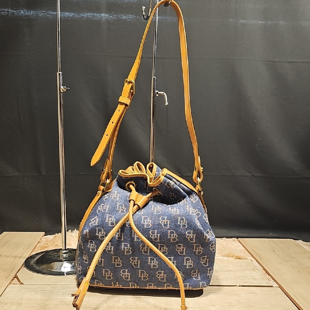 Dooney & Bourke Monogram Blue and Yellow Bucket Bag Demin